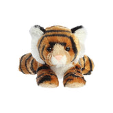 A multicolored kitten plush toy from Aurora’s Mini Flopsie collection with a pink nose and expressive eyes.